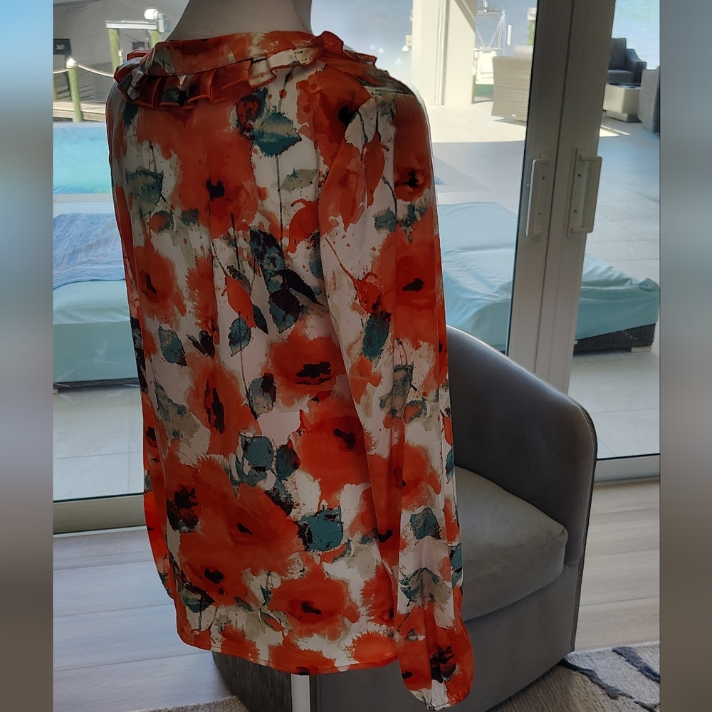 St. John Vibrant Floral Blouse in Orange and Teal - Picture 5 of 11